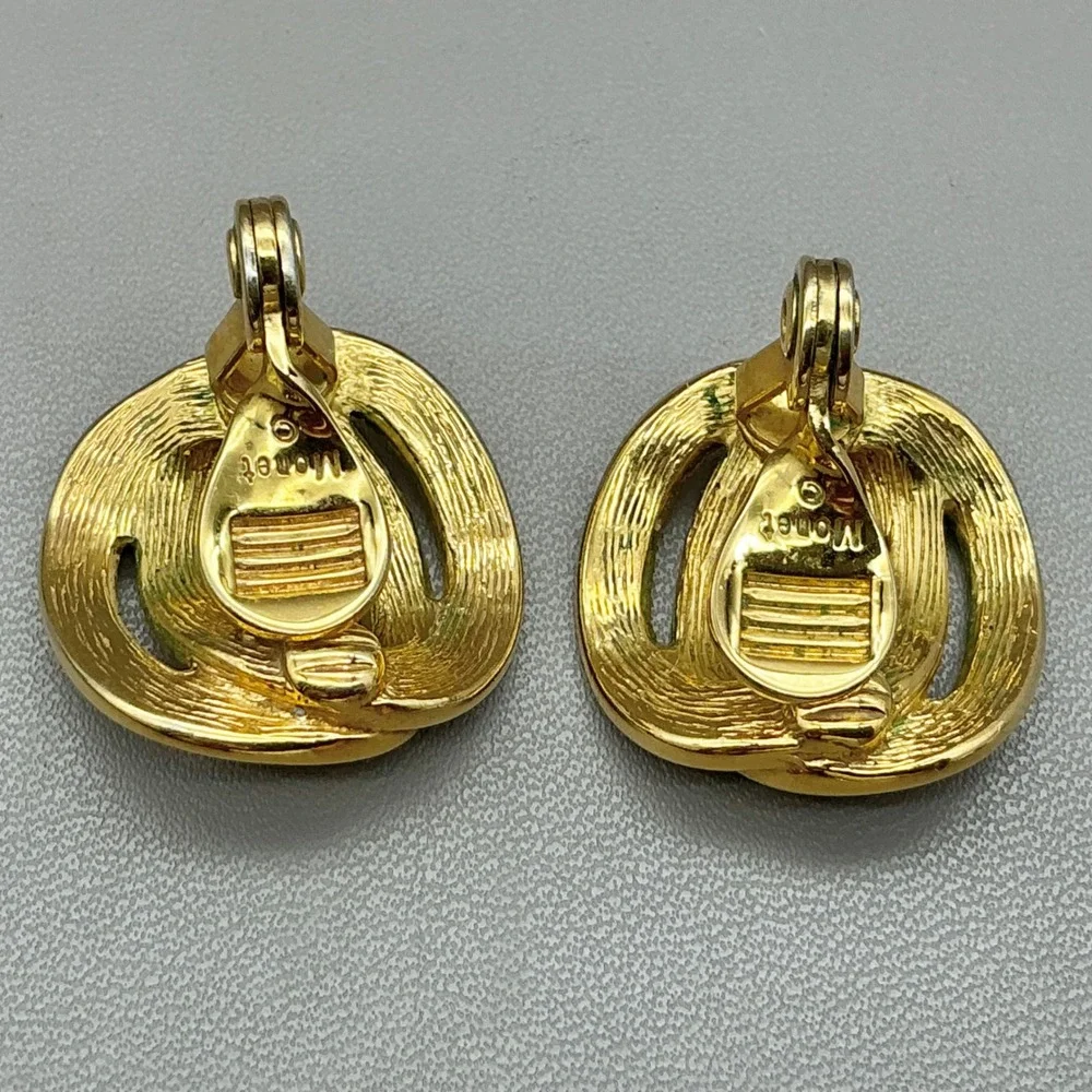 Vintage Monet Earrings Gold Tone Knot Clip On Statement Classic Signed